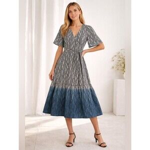 St. Roche Organic Cotton Wrap Midi Dress Leaf Print Blue Black Size 10